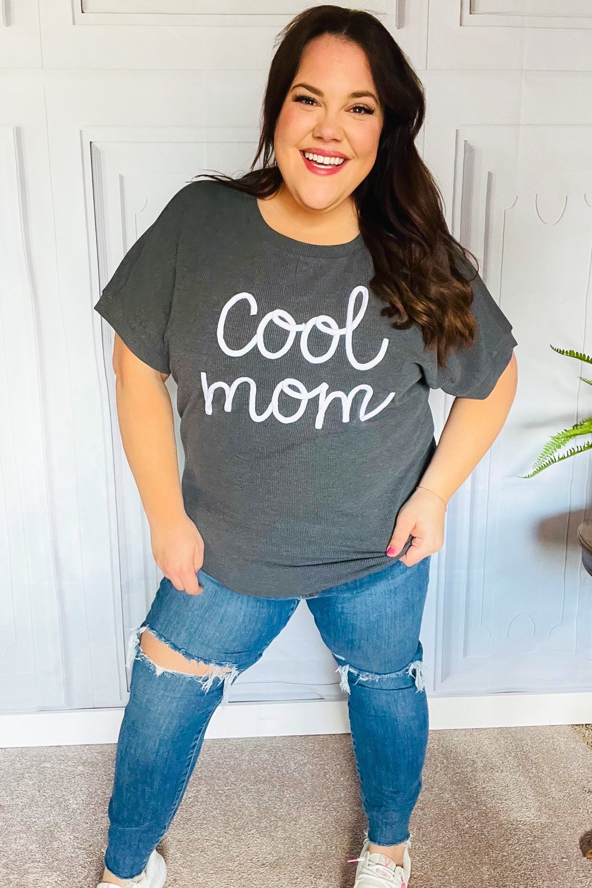 Haptics Take A Bow Charcoal "Cool Mom" Embroidery Pop-Up Rib Dolman Top Haptics