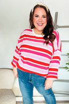 Haptics Red/Pink Loose Knit Stripe Ribbed Pullover