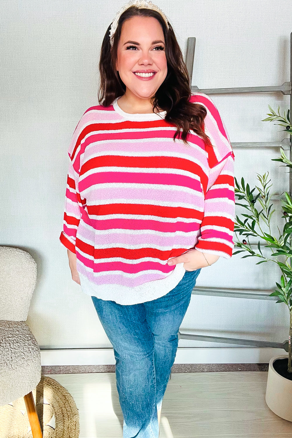 Haptics Red/Pink Loose Knit Stripe Ribbed Pullover