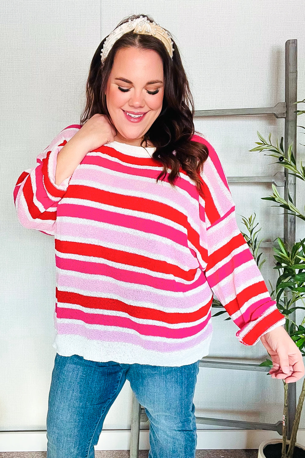 Haptics Red/Pink Loose Knit Stripe Ribbed Pullover