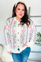 Haptics Ivory Jacquard Vertical Floral Button Down Cardigan