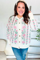 Haptics Ivory Jacquard Vertical Floral Button Down Cardigan