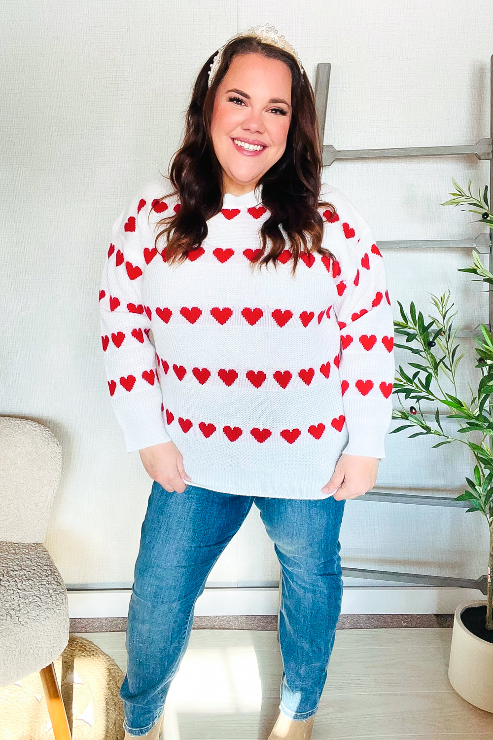 Haptics Be Mine White Jacquard Heart Stripe Pullover Sweater