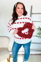 Haptics Be Mine White Jacquard Heart Stripe Pullover Sweater