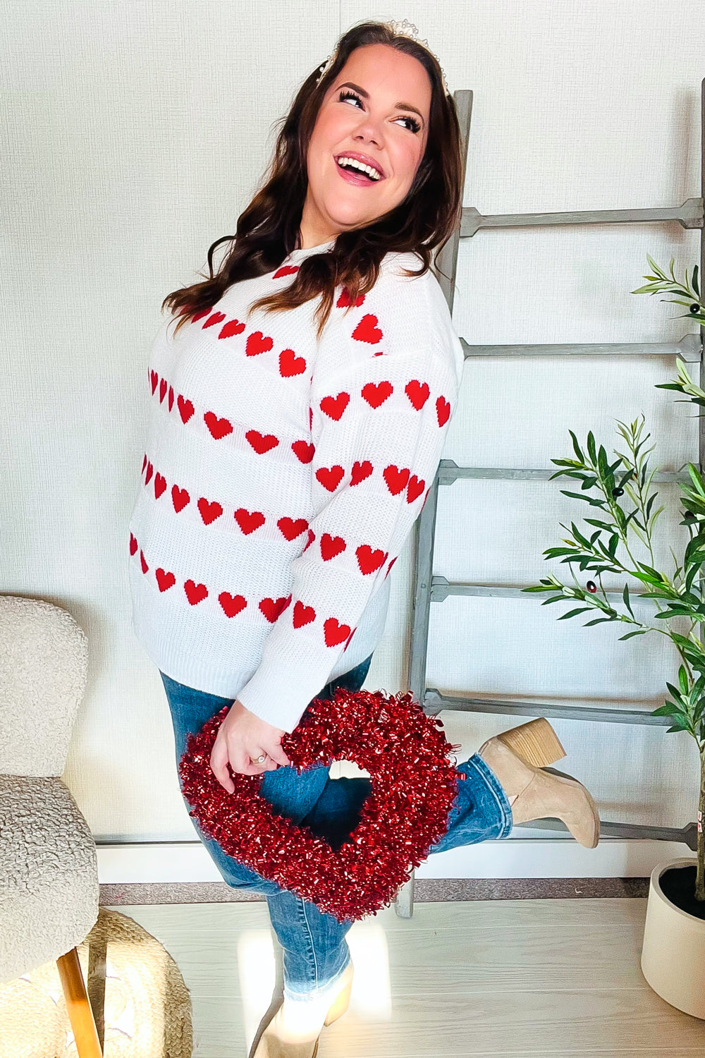 Haptics Be Mine White Jacquard Heart Stripe Pullover Sweater