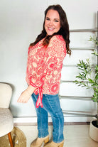 Haptics Red & Coral Floral Long Sleeve Bow Tie Contrast Binding Top Shirts & Tops