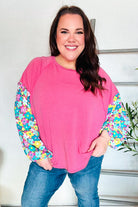 Haptics Pink & Floral Bubble Sleeve French Terry Pullover