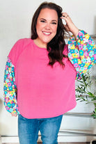 Haptics Pink & Floral Bubble Sleeve French Terry Pullover