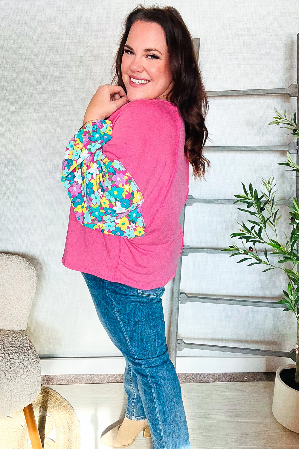 Haptics Pink & Floral Bubble Sleeve French Terry Pullover