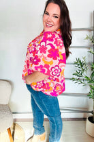 Haptics Pink/Yellow Floral Frill Balloon Short Puff Sleeve Blouse Shirts & Tops