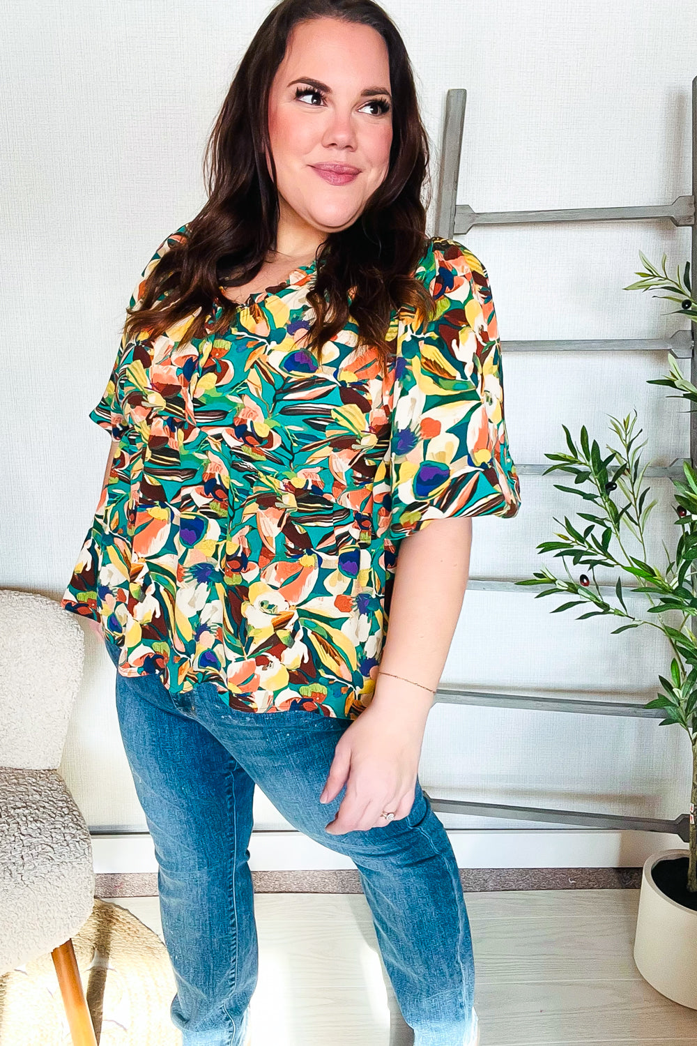 Haptics Green/Yellow Floral Frill Balloon Short Sleeve Blouse Shirts & Tops