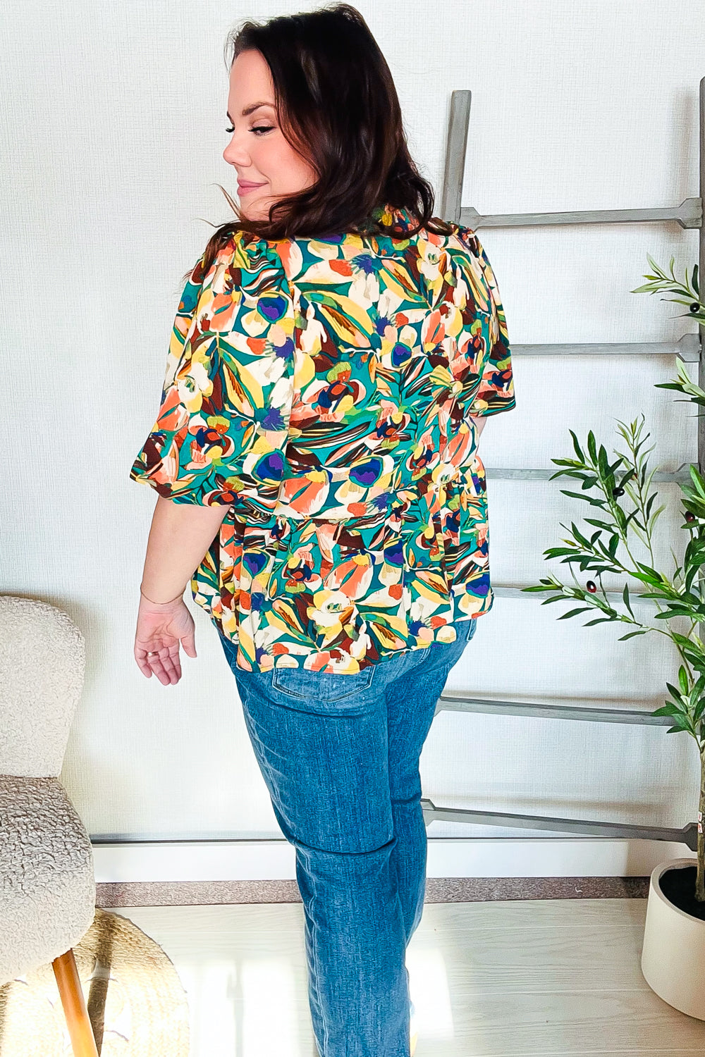 Haptics Green/Yellow Floral Frill Balloon Short Sleeve Blouse Shirts & Tops