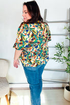 Haptics Green/Yellow Floral Frill Balloon Short Sleeve Blouse Shirts & Tops