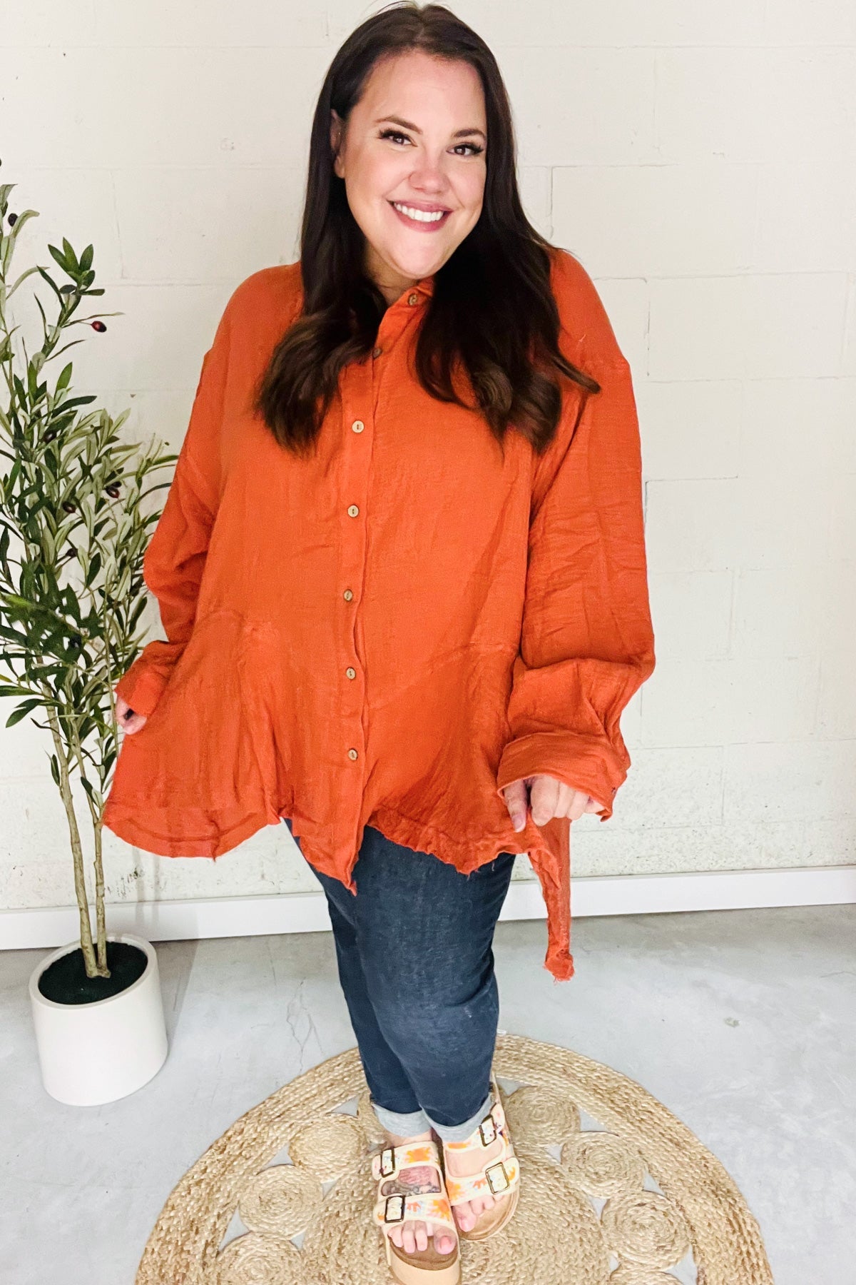 Haptics Everyday Rust Button Down Sharkbite Cotton Slub Tunic Top Haptics