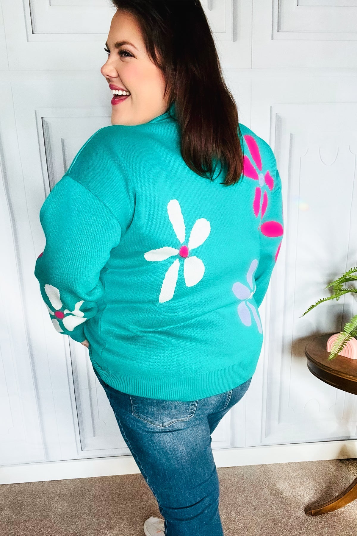 Haptics Adorable Turquoise Daisy Flower Jacquard Pullover Sweater Haptics