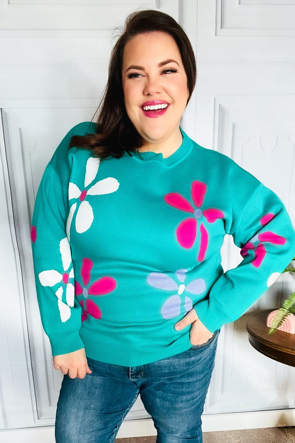 Haptics Adorable Turquoise Daisy Flower Jacquard Pullover Sweater Haptics