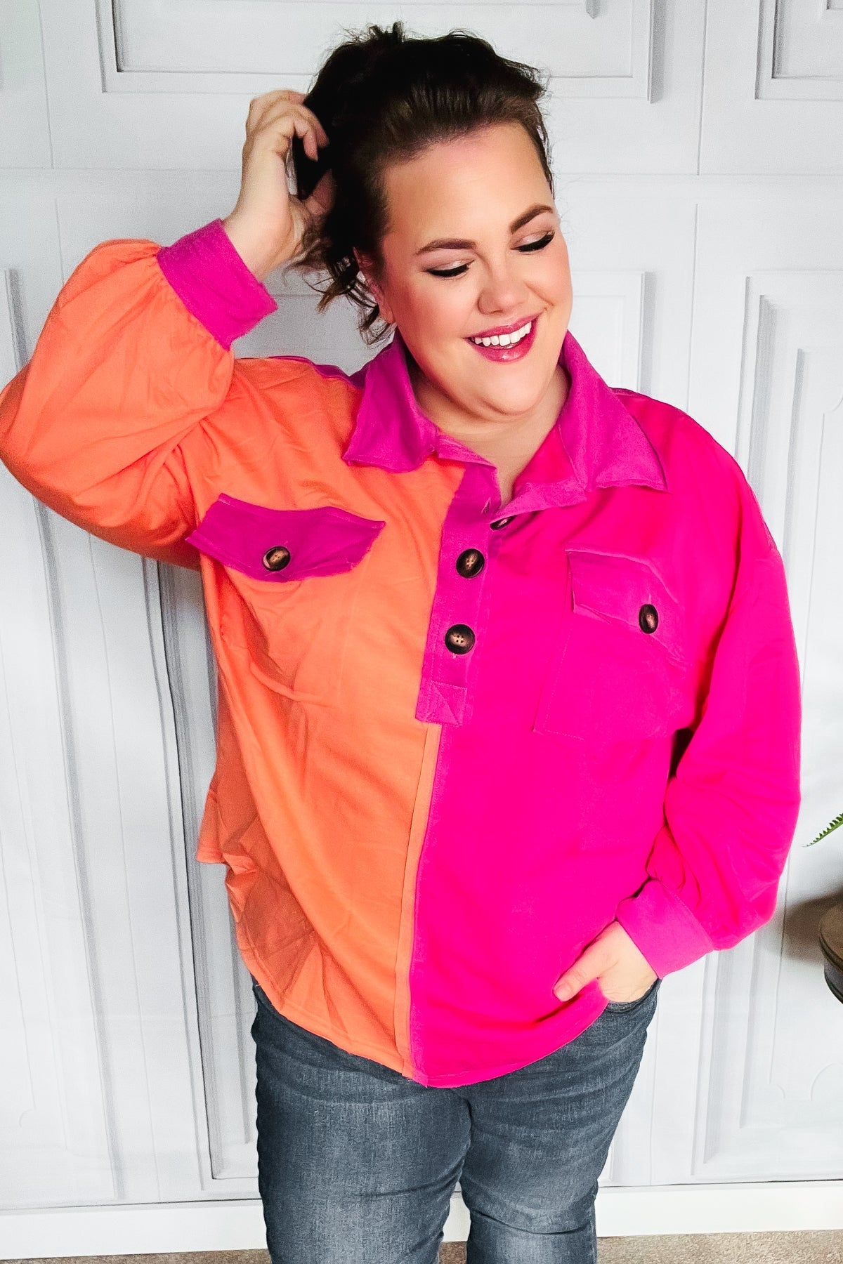 Haptics Feeling Bold Orange & Fuchsia Color Block Button Down Top
