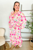 Haptics Frill V-Neck Shirred Waist Pink Floral Maxi Dress Dresses