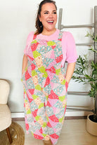 Haptics Coral Multi Printed Patchwork Wide Leg Overalls with Side Pockets