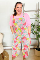 Haptics Coral Multi Printed Patchwork Wide Leg Overalls with Side Pockets