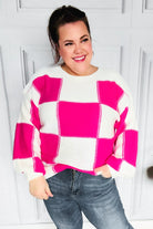 Haptics Tried & True Fuchsia Checkered Oversized Knit Sweater Final Sale Haptics