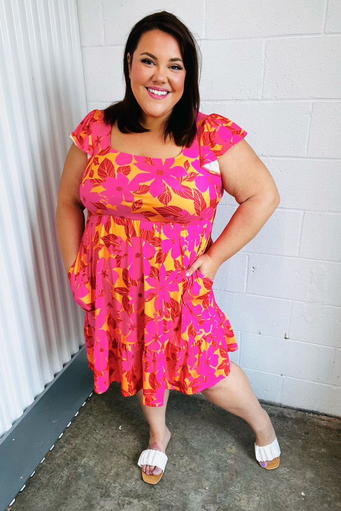 Haptics Fuchsia & Orange Tropical Floral Square Neck Dress Haptics