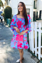 First Love Blue Big Floral Print Smocked Bubble Sleeve Dress