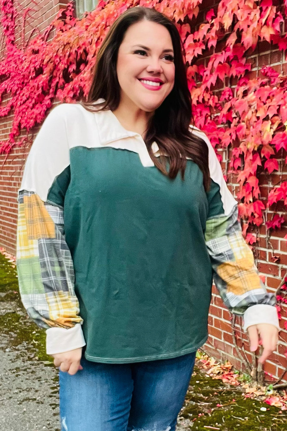 Haptics Hunter Green Plaid Color Block Collared Terry Top 2024 Blow-Out Sale