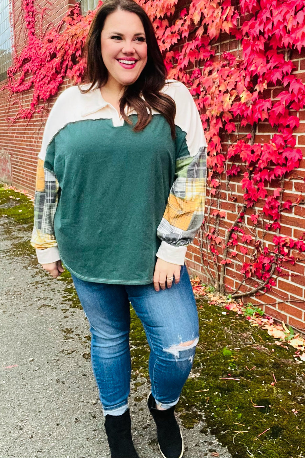 Haptics Hunter Green Plaid Color Block Collared Terry Top 2024 Blow-Out Sale