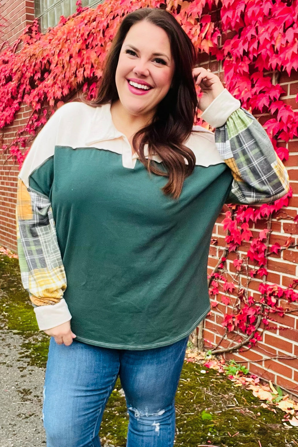 Haptics Hunter Green Plaid Color Block Collared Terry Top 2024 Blow-Out Sale