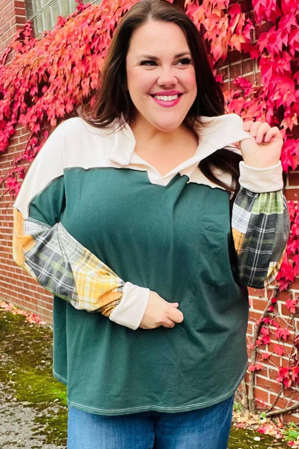 Haptics Hunter Green Plaid Color Block Collared Terry Top 2024 Blow-Out Sale