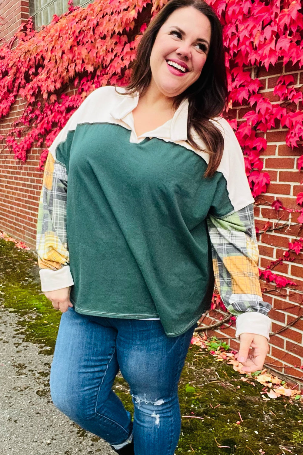 Haptics Hunter Green Plaid Color Block Collared Terry Top 2024 Blow-Out Sale