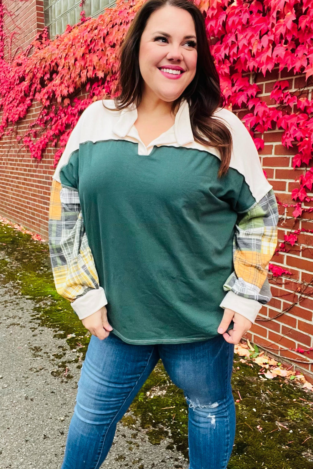 Haptics Hunter Green Plaid Color Block Collared Terry Top 2024 Blow-Out Sale