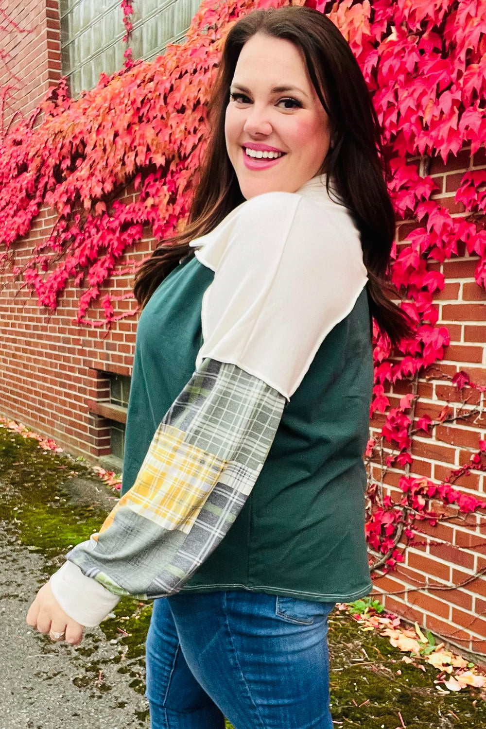 Haptics Hunter Green Plaid Color Block Collared Terry Top 2024 Blow-Out Sale
