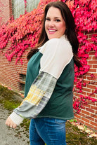 Haptics Hunter Green Plaid Color Block Collared Terry Top 2024 Blow-Out Sale