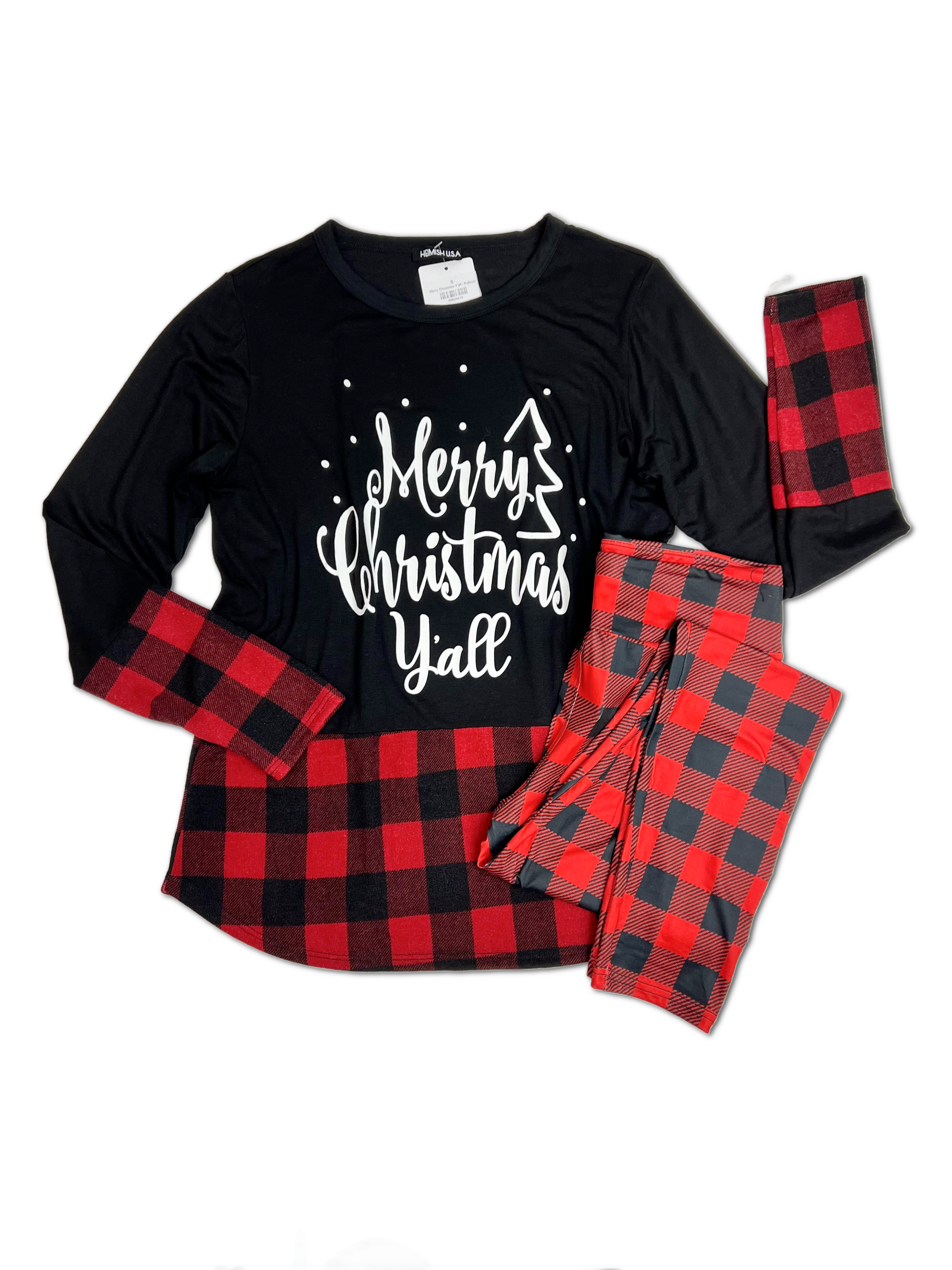 Heimish Merry Christmas Y'all Pullover with Plaid BoutiqueSimplified