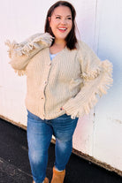 Haptics Oversized Oatmeal V Neck Fringe Chunky Cable Cardigan Sweater Haptics