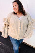 Haptics Oversized Oatmeal V Neck Fringe Chunky Cable Cardigan Sweater Haptics