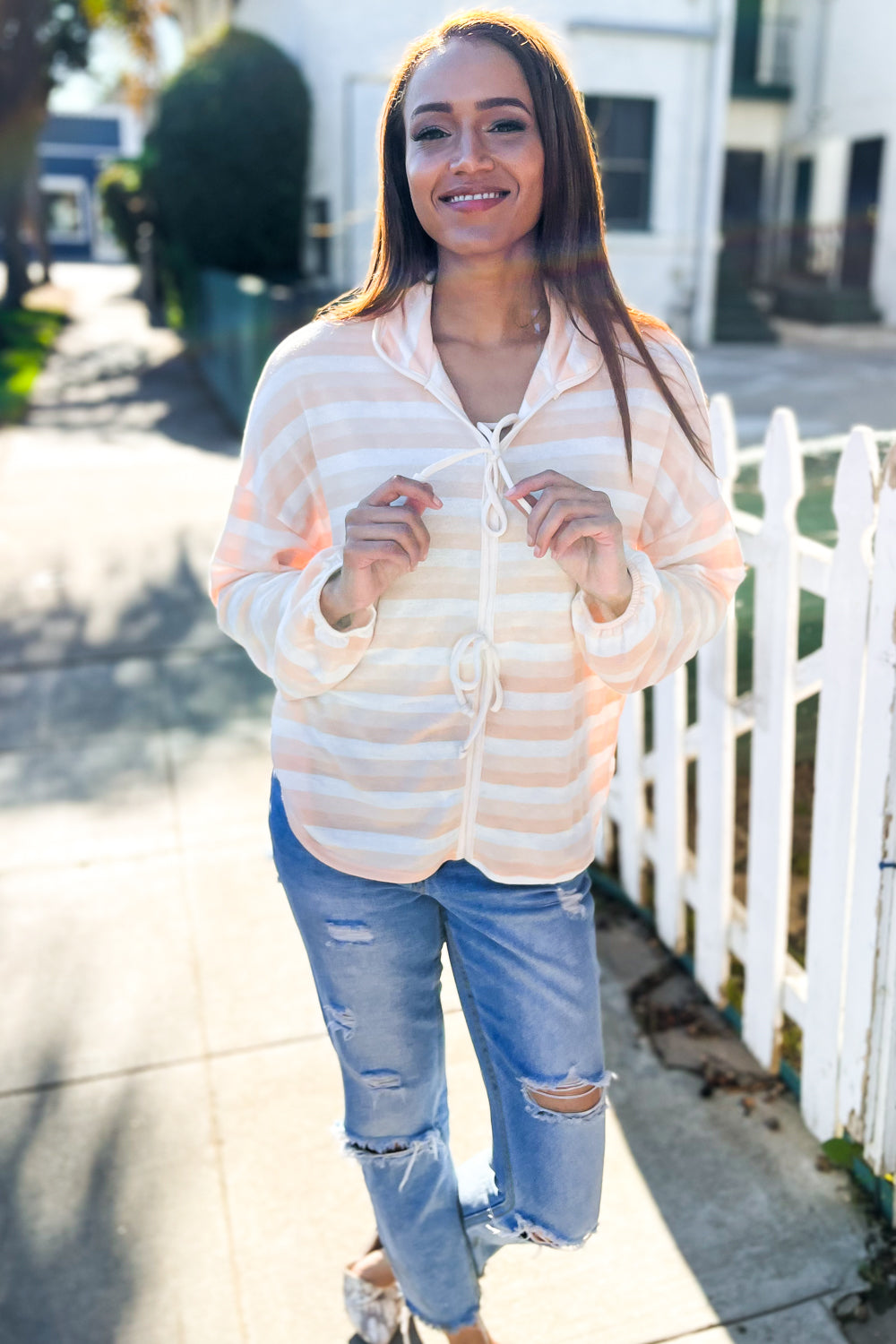 Haptics Beige & Ivory Collar Stripe Bow Tie Terry Top