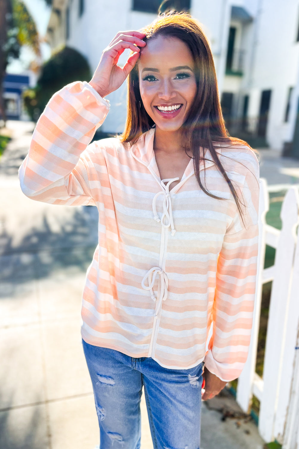 Haptics Beige & Ivory Collar Stripe Bow Tie Terry Top