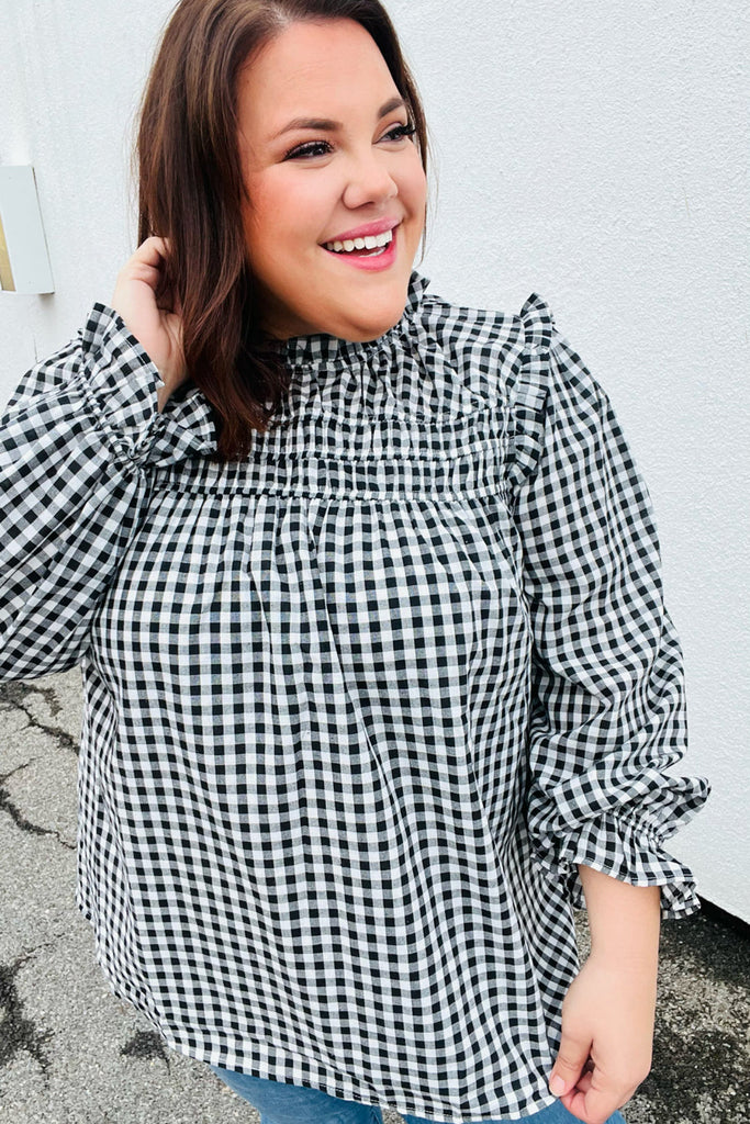 Haptics Black Gingham Shirred Yoke Mock Neck Frilled Top Haptics