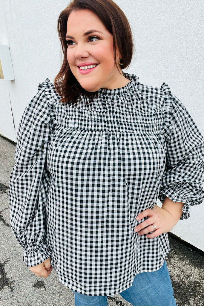 Haptics Black Gingham Shirred Yoke Mock Neck Frilled Top Haptics
