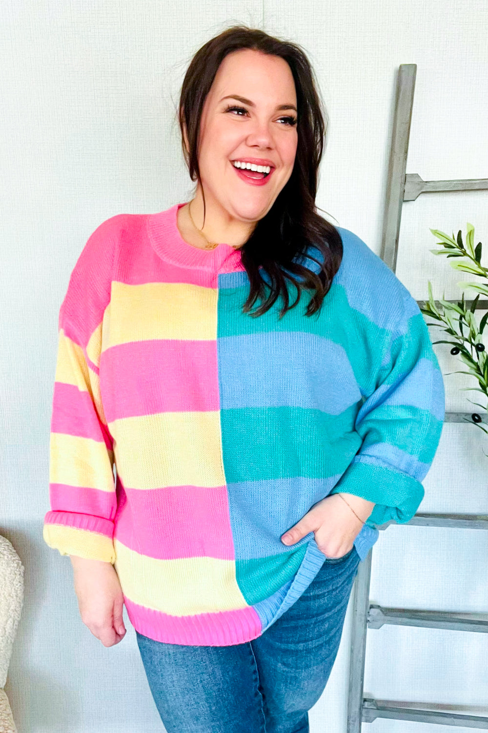 Haptics Blush & Blue Stripe Color Block Knit Sweater