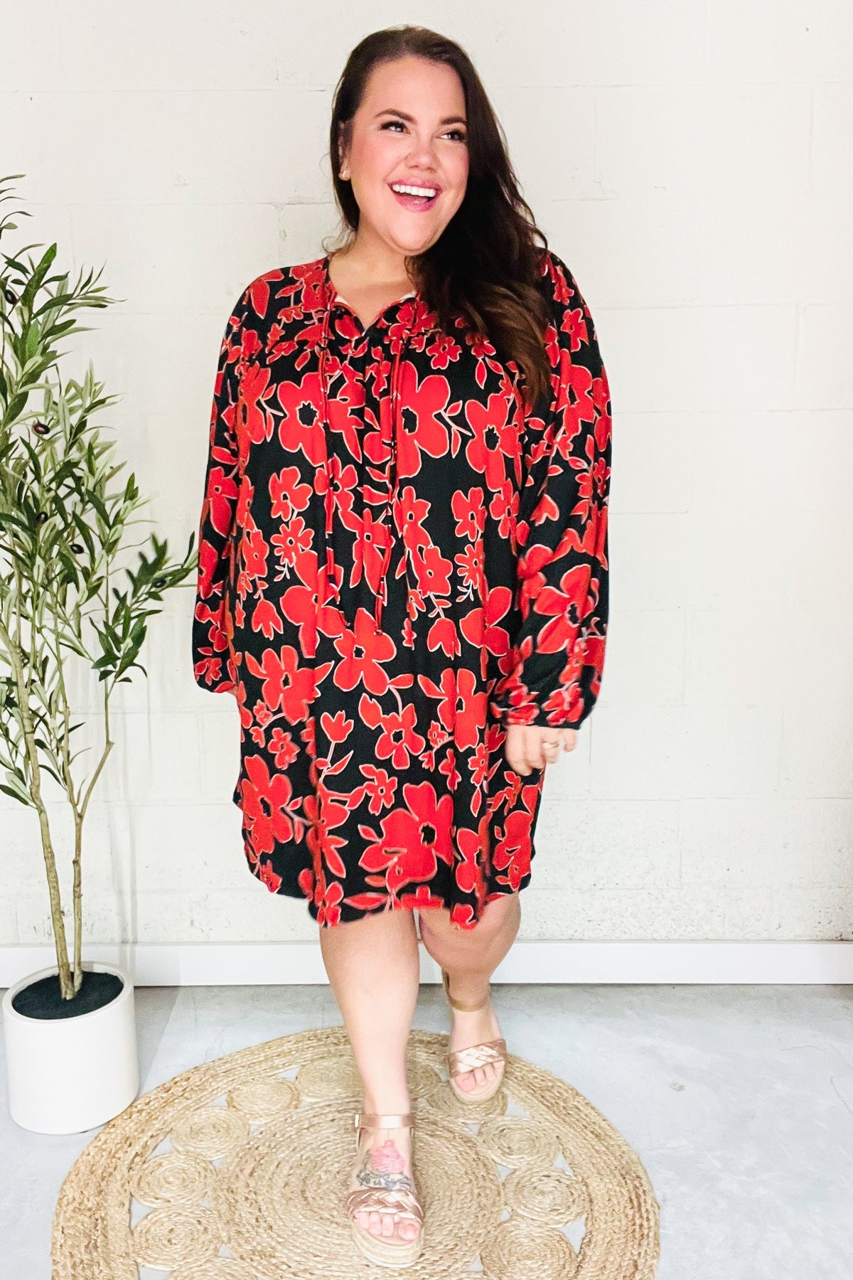 Haptics Boldly You Rust & Black Floral Print Front Tie Dress Final Sale