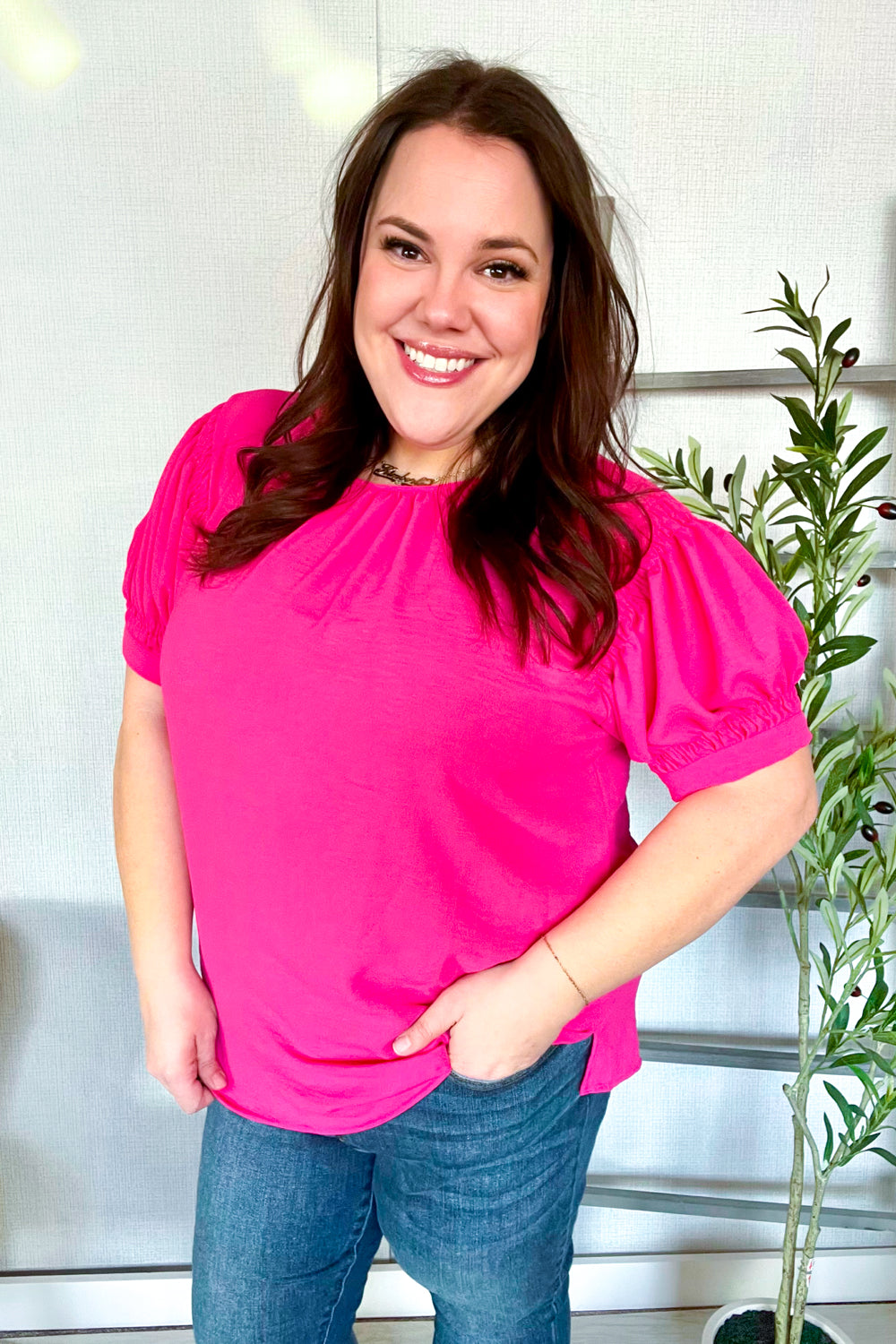 Haptics Solid Fuchsia Silk Shirred Cap Short Sleeve Blouse