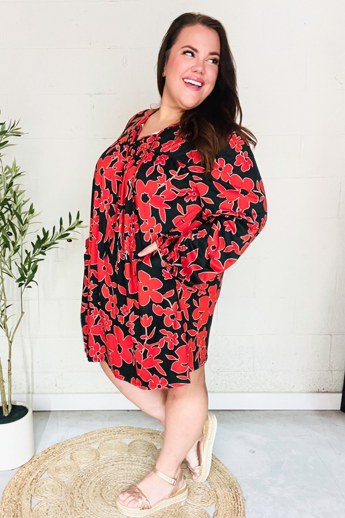 Haptics Boldly You Rust & Black Floral Print Front Tie Dress Final Sale