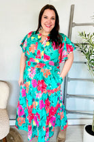 Haptics Multicolor Tropical Floral Smock Waist Tiered Midi Dress