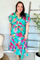 Haptics Multicolor Tropical Floral Smock Waist Tiered Midi Dress