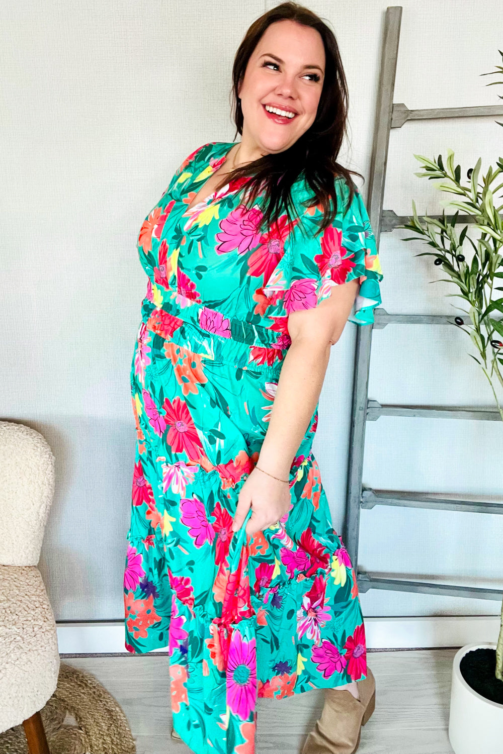 Haptics Multicolor Tropical Floral Smock Waist Tiered Midi Dress