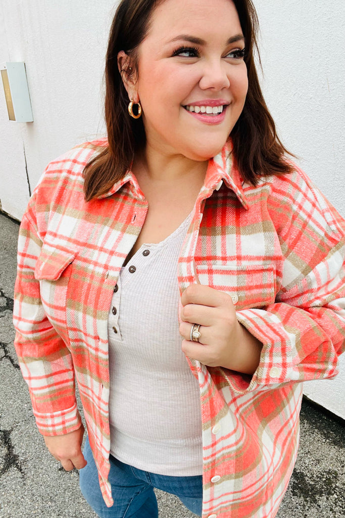 Haptics Layer Up Orange Plaid Flannel Button Down Shacket Haptics